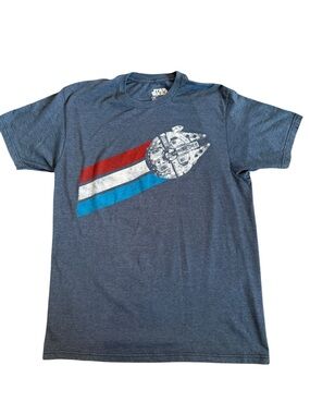Star Wars Men’s Blue Graphic Tee with Red White and Blue Stripe Size Medium
